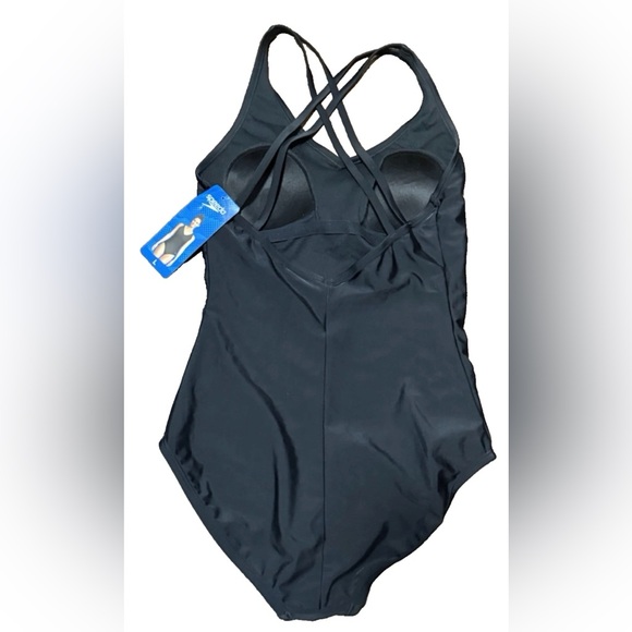 New Speedo One Piece Swimsuit Solid Black Double Strap Criss Cross Swimwear Sz L - Picture 2 of 13